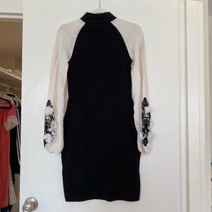 Black Bodycon Dress with Floral Sleeve Embellishments